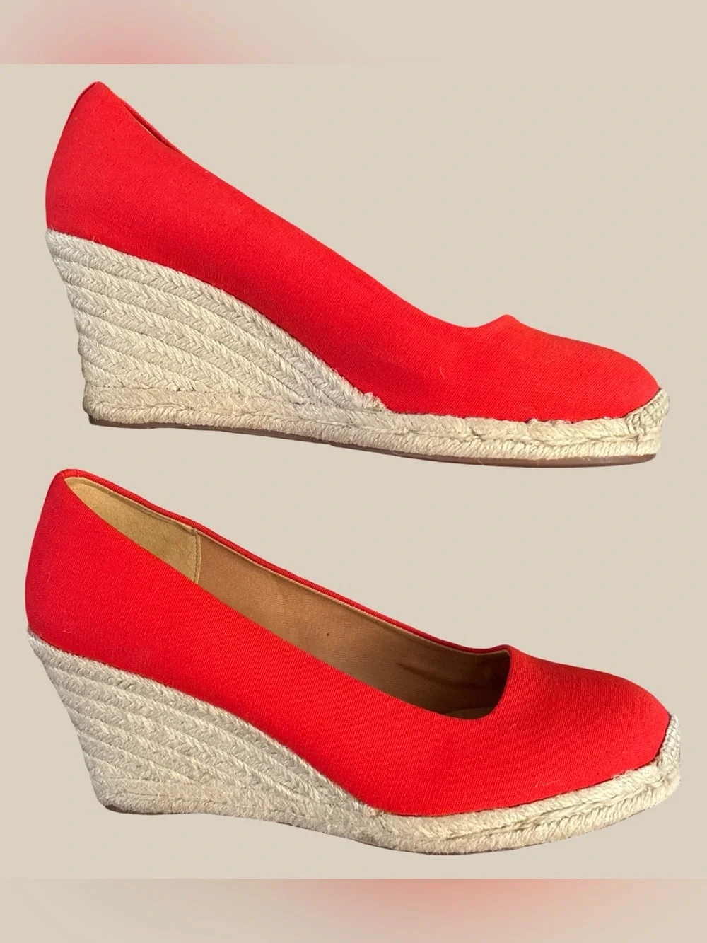 J. Crew Seville Red Canvas Espadrille Wedge Heels Closed Round Toe Flame SZ 9